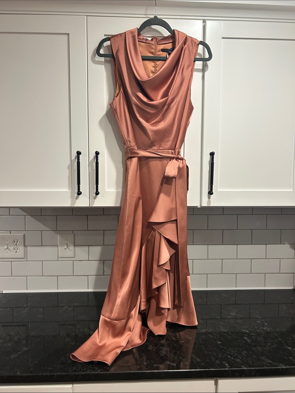 Alex Marie Rust Satin High-Low Dress with Ruffle Detail